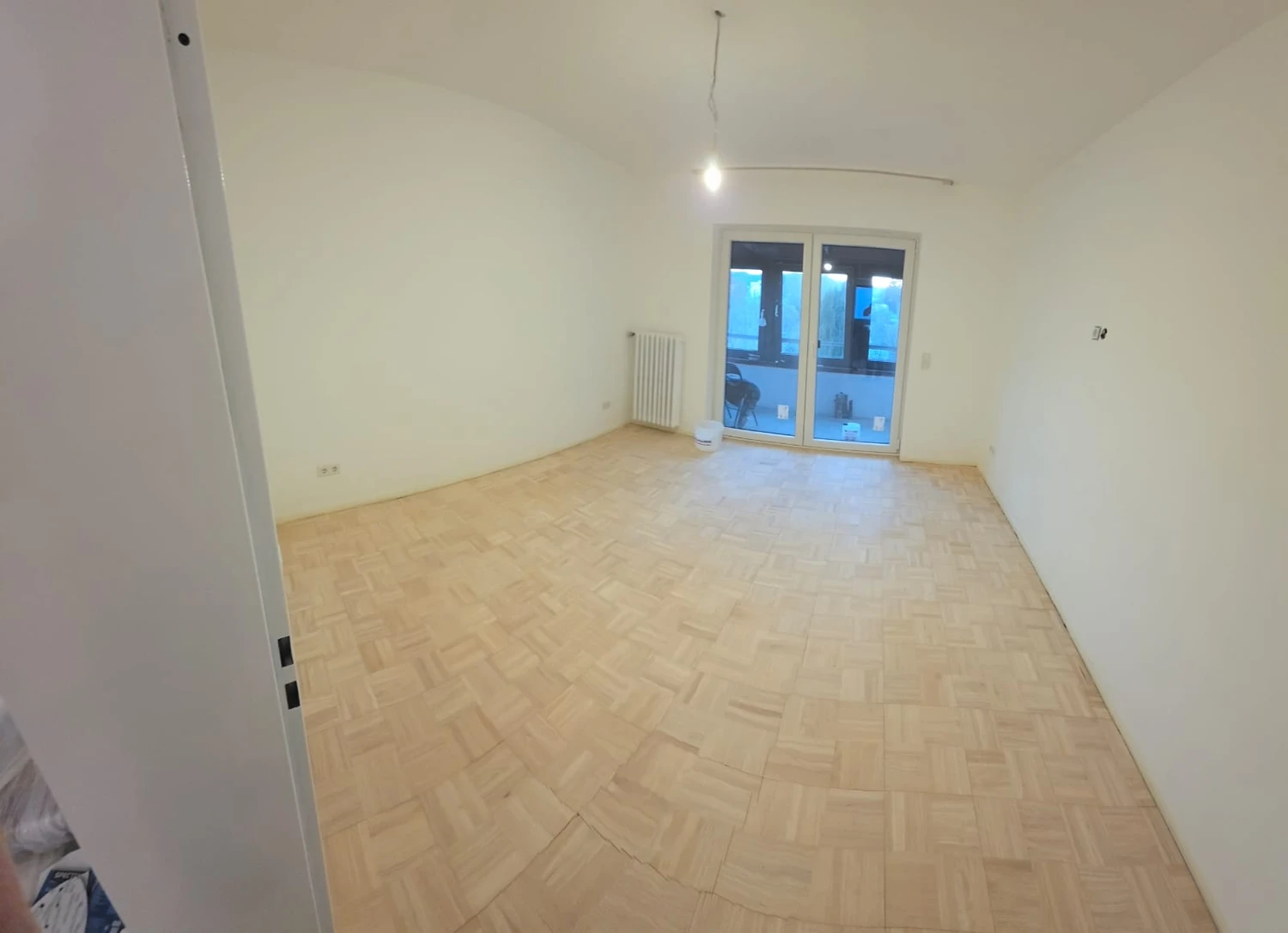 Spanndecken Grunau - Sanierung, Renovierung & Innenausbau - Ein fertiger, leerer Raum mit frisch gestrichenen weißen Wänden, einem hellen Parkettboden und einer Glastür nach draußen.
